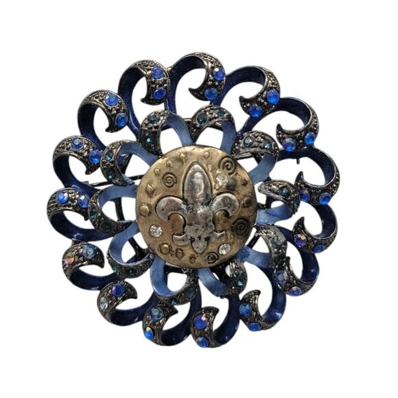 Fleur De Lis Swirl Brooch Royal Blue Gun Metal Gray Rhinestone Sparkle - Picture 2 of 15